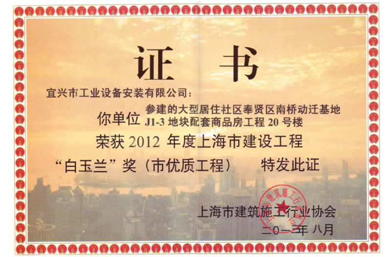 2012年度上海市优质工程“白玉兰”奖（奉贤南桥动迁基地配套商品房）